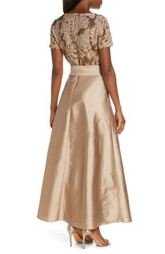 When you want full-on glamour, slip into this gown with all the features—floral embroidery, a knotted sash and a full-length taffeta skirt. 54" length (size 8) Hidden back-zip closure Bateau neck Short sleeves Removable sash Full-length A-line skirt Partially lined 100% polyester Spot clean Imported Special Occasion Taffeta Gown, Pisarro Nights, Gown Gold, High Low Gown, Taffeta Skirt, Long Sleeve Gown, Taffeta Dress, Bateau Neck, A Line Gown