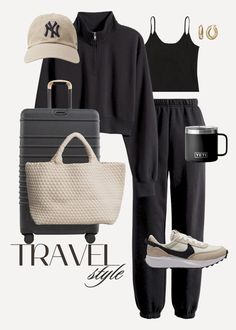 All Black Travel Outfit Airport Style, Cute Comfortable Travel Outfits, Casual Winter To Spring Outfits, Comfortable Traveling Outfits, Cute Travel Outfits Spring, Comfy Casual Outfits Spring, Comfy Chic Aesthetic, European Summer Outfits Paris, Confy Looks To Travel