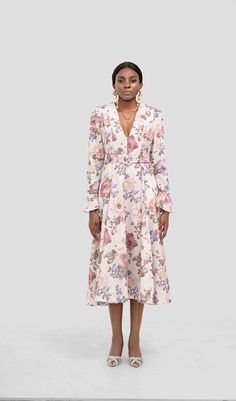 Indulge in timeless grace with our Lita Floral Belt Long Sleeve Midi Dress. This dress is a captivating blend of sophistication and style. adorned with a charming floral pattern and long sleeves that exude an air of elegance. The included belt adds a touch of versatility and enhances the figure. making it a versatile choice for various occasions.Invisible zip closurebeltFlare sleevedry cleanItem measurements have been rounded to the nearest cm.This garment fits true to sizeModel is 5'9.5"/178 cm Formal Floral Print V-neck Dress, Formal Floral Dress With V-neck, Formal V-neck Floral Print Dress, Floral Print Long Sleeve Dress For Spring Brunch, Long Sleeve Floral Print Dress For Spring Brunch, Long Sleeve Floral Dress For Brunch, Feminine Floral Print Long Sleeve Dress For Spring, Floral Print Long Sleeve Dress For Fall Garden Party, Long Sleeve Floral Print Dress For Brunch