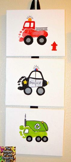 three cards with pictures of trucks and cars on them, one has the word police painted on it