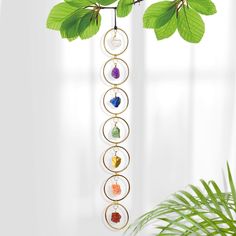 a wind chime hanging from a tree branch with four different colored stones in it