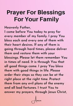 a poem with the words prayer for blessings for your family on pink and purple background