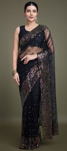 Black and Grey color Saree in Net fabric with Embroidered, Sequence, Thread work Black Blouse Piece For Wedding Eid, Black Blouse Piece For Wedding And Eid, Black Dupatta With Mirror Work For Celebration, Elegant Black Embroidered Saree Fabric, Black Embroidered Saree For Festive Occasions, Traditional Black Embellished Saree, Festive Black Embroidered Saree, Black Resham Embroidered Saree Fabric, Black Bollywood Embroidered Saree Fabric