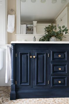 a bathroom vanity with blue cabinets and white counter tops, along with a plant in the corner