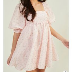 Nwot, Never Worn Cute Puff Sleeve Dress For Spring Garden Party, Cute Puff Sleeve Dress For Garden Party, Cute Square-neck Puff Sleeve Dress For Spring, Casual Pink Puff Sleeve Dress For Garden Party, Pink Cotton Puff Sleeve Dress For Spring, Floral Puff Sleeve Dress, Babydoll Dresses, Romantic Aesthetic, Floral Babydoll Dress