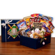 a baseball themed gift box filled with snacks