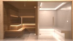 an empty sauna room with benches and lights