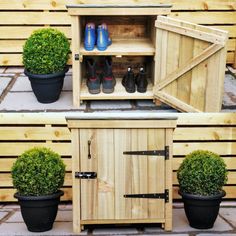 two pictures of potted plants in front of a wooden cabinet with shoes on it