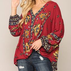 Tribal Border Print Surplice Puff Sleeve Top With Hi-Lo Hem Red Boho Print V-neck Top, Red Bohemian Top With Floral Print, Red Bohemian Tops With Floral Print, Bohemian Red Tops With Floral Print, Red Printed Tops For Fall, Bohemian Red Floral Print Top, Red Bohemian Fall Blouse, Red Bohemian Tops For Fall, Boho Chic Top