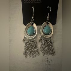 Silver And Turquoise Dangle Earrings By Paparazzi New White Statement Earrings, Earring Bundle, Turquoise Earrings Dangle, Fish Hook Earrings, Dangly Earrings, Green Earrings, Red Accents, Wooden Earrings, Paparazzi Jewelry