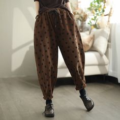 Details: Gender: Women Item Type: Pants Material: Cotton Season: Spring, Autumn Pattern: Print Style: Casual, Loose, Retro Waist Type: Elastic Waist Size: One Size Waist: 64.00 - 94.00 cm/ 25.20 - 37.01 " Length: 88.00 cm/ 34.65 " Hip: 132.00 cm/ 51.97 " Bottom: 40.00 cm/ 15.75 " Fall Brown High Waist Harem Pants, High Waist Brown Harem Pants For Fall, High-waist Cotton Harem Pants In Brown, High Waist Brown Cotton Harem Pants, Winter High Waist Cotton Harem Pants, Brown Cotton Harem Pants For Fall, High Waist Cotton Harem Pants For Winter, Fall Cotton Full-length Harem Pants, Cotton Harem Pants With Tapered Leg For Fall