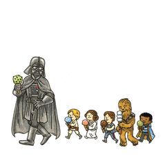 star wars characters line up in front of a cartoon character from the movie, darth vader