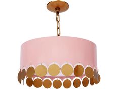 a pink and gold chandelier hanging from a light fixture with circles on it