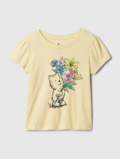 Soft cotton T-shirt.  Crewneck.  Short sleeves.  Graphics at front.  Hits at the hip.  Sizes range from baby to toddler. Logo Floral, Flower Girl Tutu, Bear Graphic, Toddler Christmas, Pink Rainbow, Grey Floral, Baby Gap, T Shirt Vest, Set Outfit