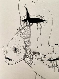 a black and white drawing of a woman's face next to a fish