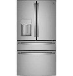 a stainless steel refrigerator freezer with water dispenser on the front and bottom