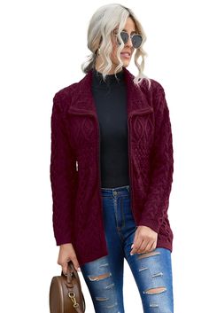 Wine Red Zip-up Open Front Knitted Sweater Red Knit Sweater Coat For Winter, Red Knitted Sweater Coat For Winter, Red Cable Knit Winter Outerwear, Fitted Knitted Red Outerwear, Red Cable Knit Sweater For Fall, Red Cable Knit Outerwear, Red Knit Outerwear With Cable Knit Details, Red Textured Knit Cardigan For Fall, Red Chunky Knit Winter Cardigan