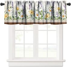 the window valance is decorated with flowers and leaves, along with an embroidered border