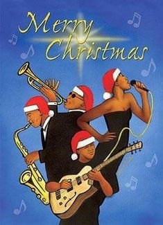 a christmas card with three men playing musical instruments and the words merry christmas on it