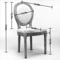 a chair with measurements for the seat and back, in front of a white background