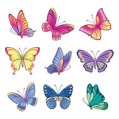 six different colored butterflies on a white background