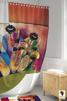 a shower curtain with an artistic painting on it