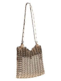 "Find PACO RABANNE 1969 Iconic Shoulder Bag on Editorialist. The 1969 Iconic Shoulder Bag by Paco Rabanne is crafted from goldtone paillettes. The bag features an adjustable shoulder chain, open top, goldtone hardware, and one interior compartment. It measures 9.75\"W x 9\"H x 1.25\"D." Shoulder Chain, Bag Light, Paco Rabanne, Open Top, Gold Tones, Shoulder Bag, Chain, Gold