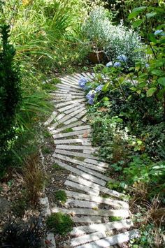 a stone path surrounded by plants and flowers