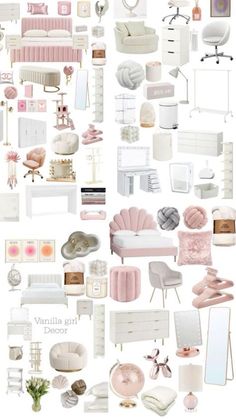 a collage of white furniture and accessories in pastel pinks, whites and neutrals