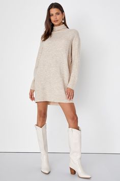 Prepare to be the cutest (and warmest) babe of the season in the Lulus Positively Charming Heather Beige Turtleneck Mini Sweater Dress! Soft brushed sweater knit shapes this cozy dress that features a chic turtleneck framed by long sleeves with drop shoulders. The relaxed, shift silhouette boasts a front patch pocket before it falls to a cute mini hem that pairs perfectly with your favorite knee-high boots. Ribbed knit accents the neckline, cuffs, and hem. Fit: This garment fits true to size. Le Beige Dress Outfit Fall, Cozy Fitted Long Sleeve Sweater Dress, Chic Knee-length Knit Sweater Dress, Knit Mini Dress For Fall, Cable Knit Long Sleeve Dress, Fall Cable Knit Knee-length Sweater Dress, Long Sleeve Knitted Mini Dress For Winter, High Neck Knit Sweater Dress For Fall, Knee-length Knit Sweater Dress For Winter