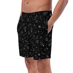 Dive into summer darkness with Goth Cloth Co.'s Gothic Halloween Swim Trunks. Featuring a haunting pattern of ghosts, pumpkins, black cats, and spider webs against a black and white backdrop, these trunks combine gothic elegance and Halloween flair, perfect for the darkly inclined beachgoer. Key Features: Four-way stretch fabric: Water-repellent microfiber made from 91% recycled polyester, 9% spandex. Anti-chafe liner: Silky 92% polyester, 8% spandex inner liner for all-day comfort. Multiple poc Black Skull Print Bottoms For Halloween, Black Emo Bottoms For Halloween, Black Emo Style Bottoms For Summer, Black Skull Print Bottoms For Summer, Gothic Black Bottoms With Skull Print, Black Gothic Bottoms With Skull Print, Gothic Black Bottoms For Costume Party, Gothic Black Bottoms For Halloween, Black Gothic Bottoms For Costume Party