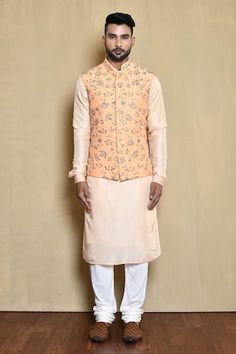 Cream bundi with floral vine embroidery. Comes with cream kurta and white churidar. - Aza Fashions Spring Chanderi Nehru Jacket With Resham Embroidery, Spring Resham Embroidery Chanderi Nehru Jacket, Spring Nehru Jacket With Resham Embroidery In Chanderi, Spring Festive Bandhgala With Gota Work, Spring Chanderi Bandhgala Straight Kurta, Spring Bandhgala Chanderi Straight Kurta, Traditional Bandhgala With Gota Work For Spring, Traditional Spring Bandhgala With Gota Work, Spring Wedding Chanderi Bandhgala