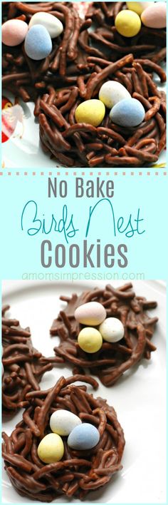 no bake birds nest cookies with chocolate and candy eggs