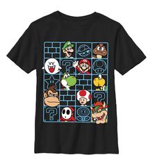 Join Mario, Luigi, Donkey Kong, Boo, Bowser, Shy Guy, and more with the Nintendo Mario Characters Wall Black T-Shirt. All your favorite characters from the Mario games make an appearance on this graphic tee, with brick blocks, stars, fire flowers, and other fun icons thrown in to create a wall. Size: small. Gender: male. Age Group: adult. Pattern: Fictitious Character. Material: Cotton.