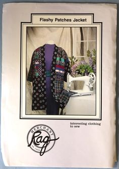 an advertisement for a jacket that is on display in front of a sewing machine and flowers