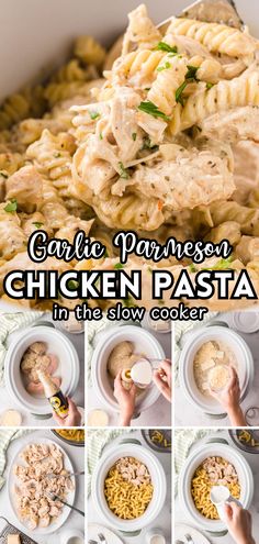 the steps to make garlic parmesan chicken pasta are shown in this collage