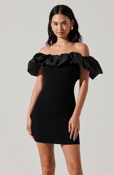 Off the shoulder mini dress Off-the-shoulder ruffle sleeves Fitted throughout Dry clean only Self: 55% Polyester, 29% Rayon, 16% Elastane / Contrast: 90% Polyester, 10% Nylon Style# ACDR102187 Chic Mini Dress With Elastic Shoulders For Brunch, Summer Party Mini Dress With Elastic Shoulders, Party Off-shoulder Mini Dress With Elastic Shoulders, Off-shoulder Mini Dress With Elastic Shoulders For Party, Flirty Off-shoulder Ruffled Mini Dress, Fitted Off Shoulder Mini Dress With Ruffles, Summer Party Dress With Elastic Shoulders, Chic Off-shoulder Mini Dress With Elastic Shoulders, Ruffled Off Shoulder Mini Dress For Party