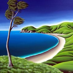 a painting of a beach with trees on it