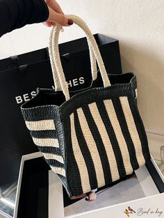 Bird in Bag - Womens Woven Handbag with Unique Design and Colorful Stripes, Single Shoulder Bag, Summer Bag, Foldable Straw Bag for Black Bucket Canvas Bag For Shopping, Large Capacity Tote Box Bag For Vacation, Large Capacity Box Tote Bag For Vacation, Black Large Capacity Straw Tote Bag, Trendy Square Beach Bag With Large Capacity, Easy-to-carry Bucket Bag For Shopping, Black Large Capacity Tote Straw Bag, Trendy Large Capacity Square Beach Bag, White Square Beach Bag With Large Capacity