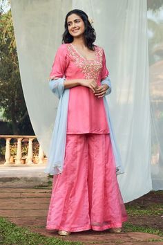 Pink kurta with sequin and thread embroidery. Paired with a sharara and dupatta. - Aza Fashions Kurta Sharara Set, Pink Kurta, Kurta Sharara, Sharara Set, Thread Embroidery, Embroidered Silk, Set For Women, Aza Fashion, Types Of Sleeves