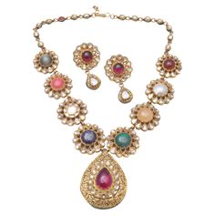 Navratan set gold 22k Navratan Set, 22k Gold Chain Necklace, 22k Gold Chain, 22k Gold Necklace, 1st Dibs, Daisy Pendant, Gold Caps, Contemporary Pendant, Sapphire Pendant