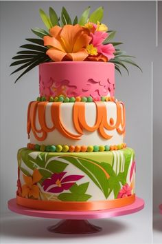 a multi - tiered cake decorated with flowers and leaves