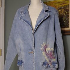 Z.Cavaaricci Washed Denim Jacket With Beautiful Flower Beading Design Front Of Jacket: Armpit To Armpit Almost 24 Inches In Length. Neck Seam To Shoulder Seam 5 1/2 Inches. Top Of Arm Sleeve Seam To The Bottom Of The Cuff Is A Little Over 24 1/2 Inches. Back Of Jacket: Bottom Of Collar Seam To The Bottom Of The Jacket Is 27 1/2 Inches. No Missing Beads, Size Tag Is Missing-Size To Be 2x---See Photos For Measurements. Never Worn. New Without Tags. Spring Beaded Denim Outerwear, Beaded Blue Denim Jacket For Spring, Spring Beaded Blue Denim Jacket, Spring Blue Beaded Denim Jacket, Spring Blue Beaded Outerwear, Casual Long Sleeve Beaded Outerwear, Vintage Beaded Outerwear For Spring, Beaded Vintage Outerwear For Spring, Spring Vintage Beaded Outerwear