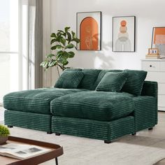 a living room scene with focus on the green couch