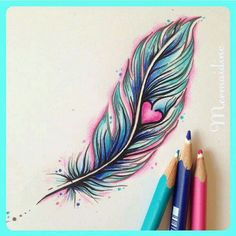 a drawing of a feather with hearts on it and some colored pencils next to it