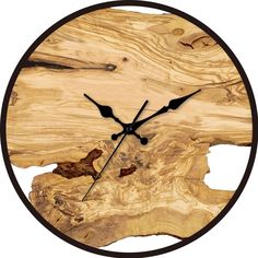 a clock made out of wood with black hands