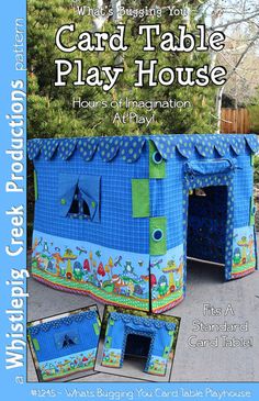 the card table play house has been made with blue fabric and is ready to be used for