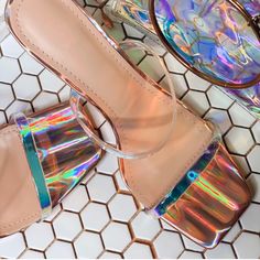 Super Fun Rose Gold/Iridescent/Clear Heels! Perfect For Any Party! Iridescent Open Toe Sandals For Party, Iridescent Sandals For Summer Parties, Iridescent Heels For Summer Party, Summer Party Iridescent Sandals, Iridescent High Heels For Summer, Iridescent Heels For Summer Evenings, Chic Iridescent Heels For Party, Harley Davidson Sandals, Iridescent Heels