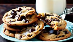 chocolate chip cookies and milk on a blue plate