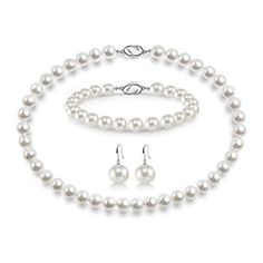 We select this best seller for a special promotion. As our customer commented, it is the best price for the best quality of this 3-piece pearl set. 8-9mm AAA Freshwater Pearl Necklace, Bracelet & Dangle Earrings 3-Piece Set Invest in forever luxury with this matching AAA freshwater pearl necklace, bracelet, and earring 3-piece set. This thoughtful 3-piece pearl set features fine quality AAA freshwater pearls that are blemish-free with a rich luster. These high-quality freshwater pearls exhibit a Pearl Jewelry Sets For Anniversary, Classic Pearl Jewelry Sets For Anniversary, Classic Pearl Jewelry Sets, Classic Pearl White Jewelry Sets, Classic Round Pearl Jewelry Sets, Elegant Pearl Jewelry Sets With Round Beads, Large Pearl Earrings, Freshwater Pearl Jewelry, Mother Of Pearl Earrings